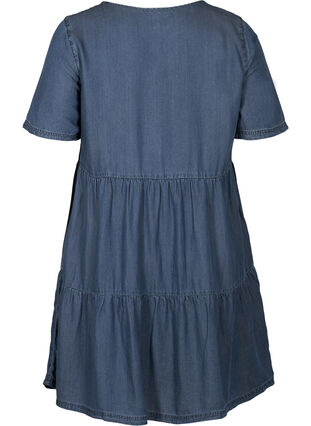 Denim jurk met korte mouwen en plooien, Medium Blue, Packshot image number 1