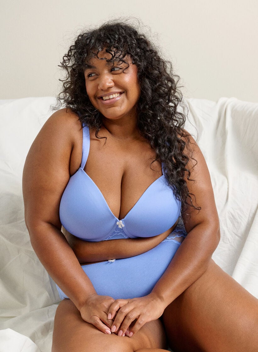 Voorgevormde microvezel BH met kanten detail en strikje, Blauw, Image image number 0