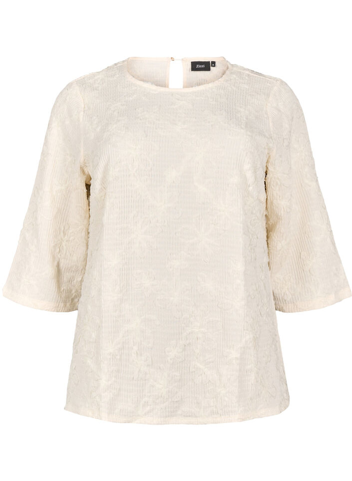Blouse met 3/4 mouwen en 3D bloemen, Warm Off-white, Packshot image number 0