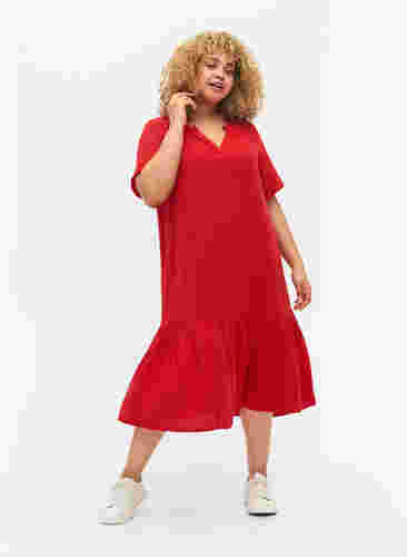 Midi-jurk met korte mouwen van katoen, Barbados Cherry, Model image number 1