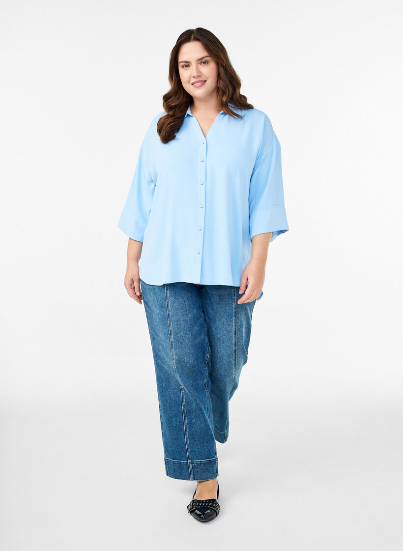 Losse shirt met een V-hals en 3/4 mouwen, Blauw, Model image number 1
