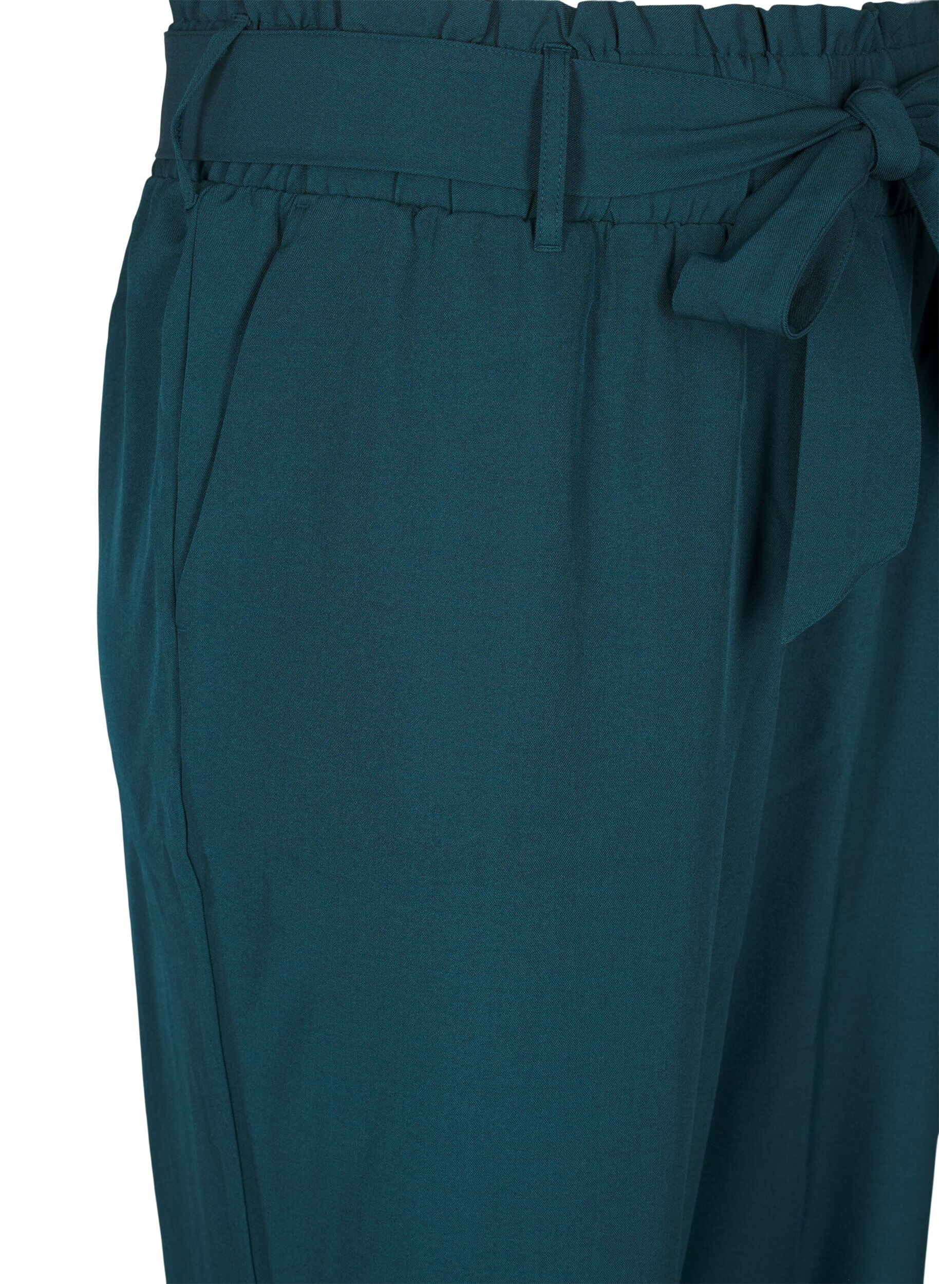 ZizziHigh-waist broek met ruches en een strikriem, Sea Moss Melange, Packshot image number 2