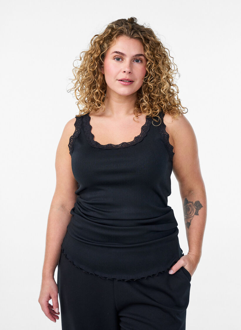 Tanktop met kant en broderie anglaise, Zwart, Model image number 0