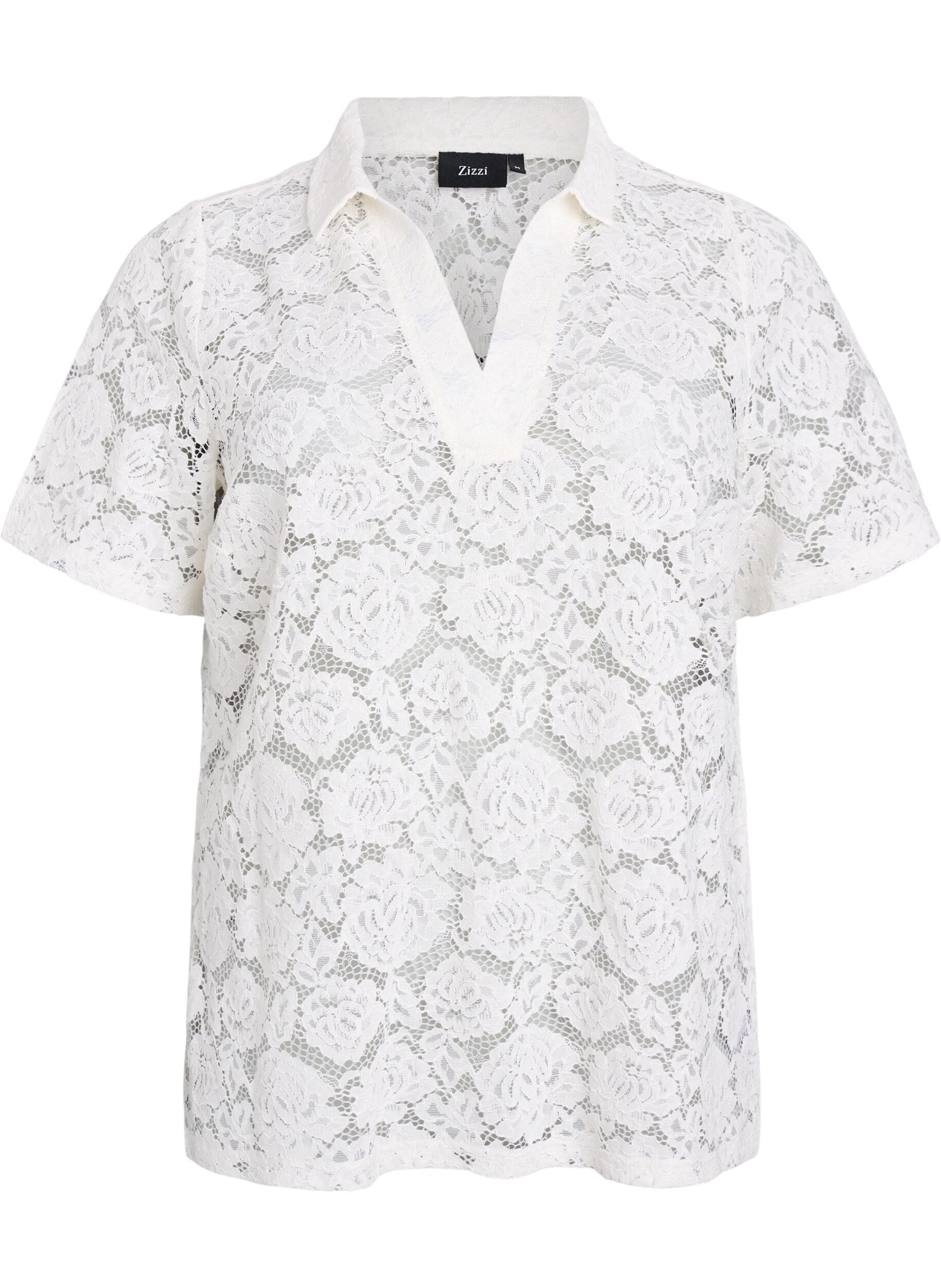 ZizziKanten blouse met een kraag en V-hals, Vanille, Packshot image number 0