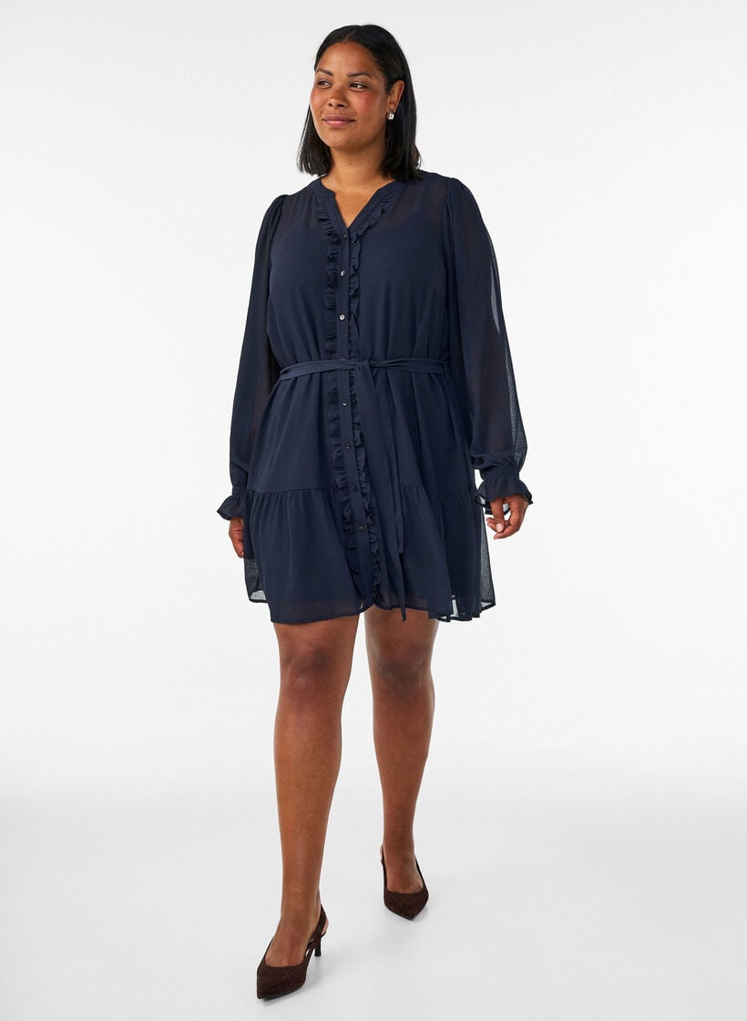 Korte jurk met ruches en een strikceintuur, Blauw, Model image number 1