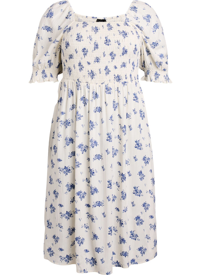 Robe midi en viscose &agrave; fleurs avec smock, Blanc, Packshot image number 0