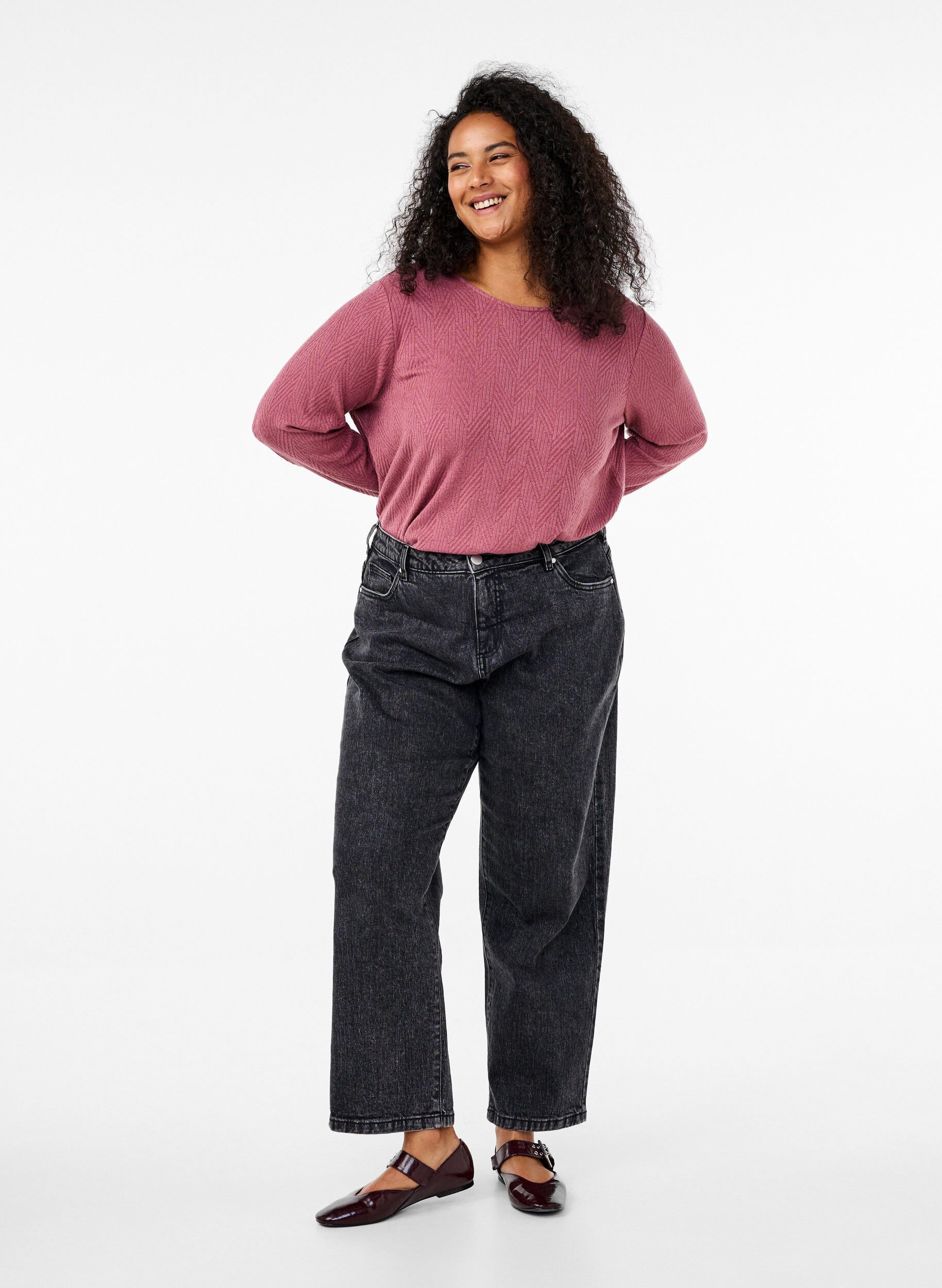 ZizziGepatroonde blouse met lange mouwen, Bruin, Model image number 1