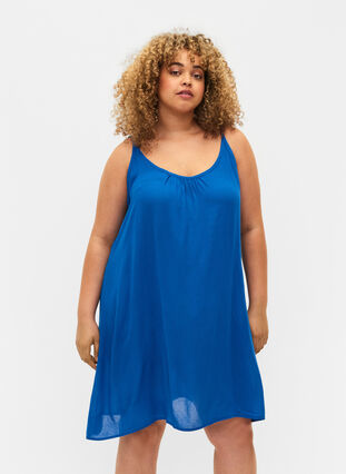 Effen viscose jurk met bandjes, Victoria blue, Model image number 0