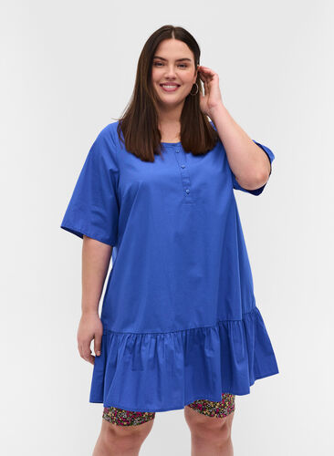 Tunique en coton à manches courtes et coupe trapèze, Dazzling Blue, Model image number 0