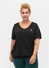 T-shirt d'entraînement de couleur unie avec col en V, Black, Model