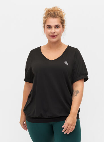 T-shirt d'entraînement de couleur unie avec col en V, Black, Model image number 0