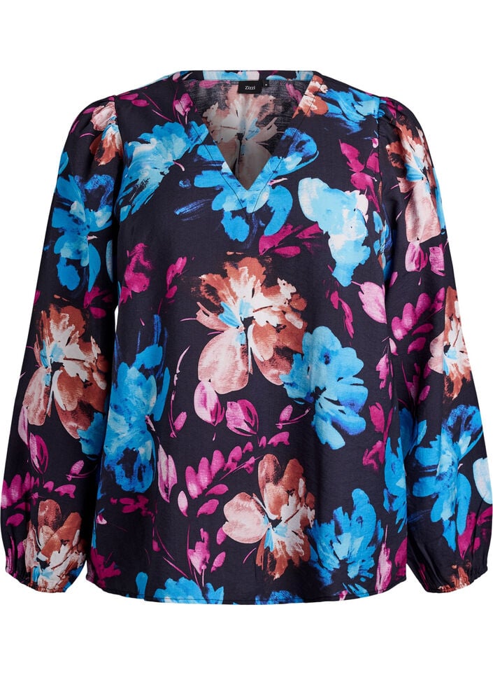 Blouse en viscose avec imprim&eacute; floral et manches longues, Noir, Packshot image number 0