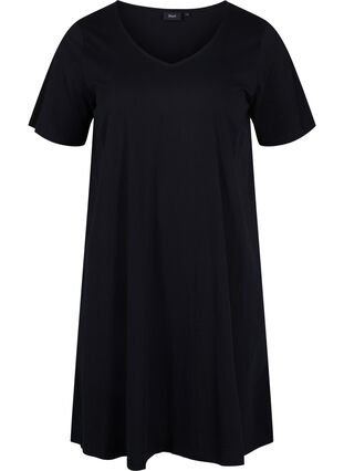 Robe en coton à manches courtes avec forme en trapèze, Black, Packshot image number 0