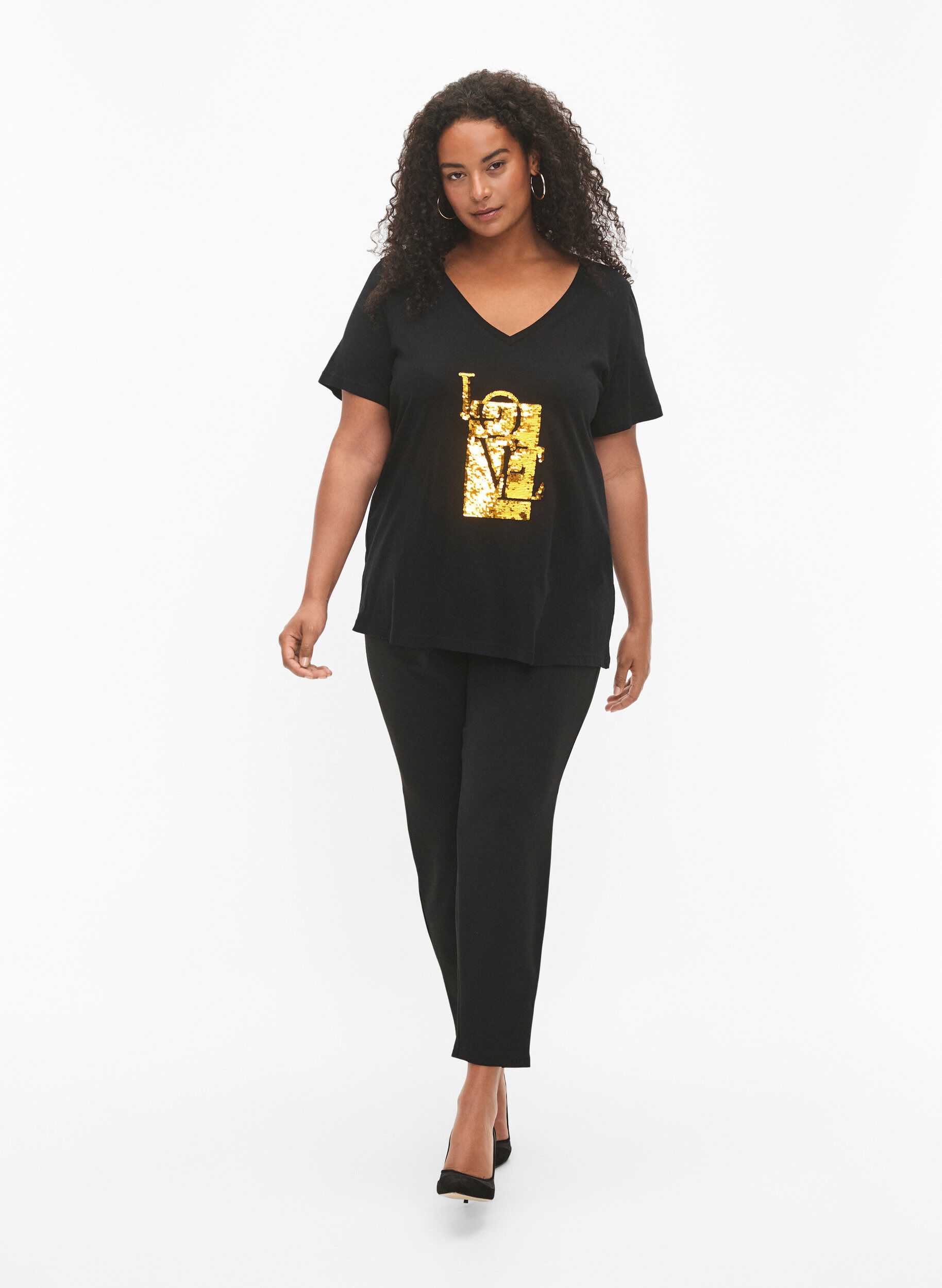 ZizziKatoenen T-shirt met pailletten, Black w. Love, Model image number 2