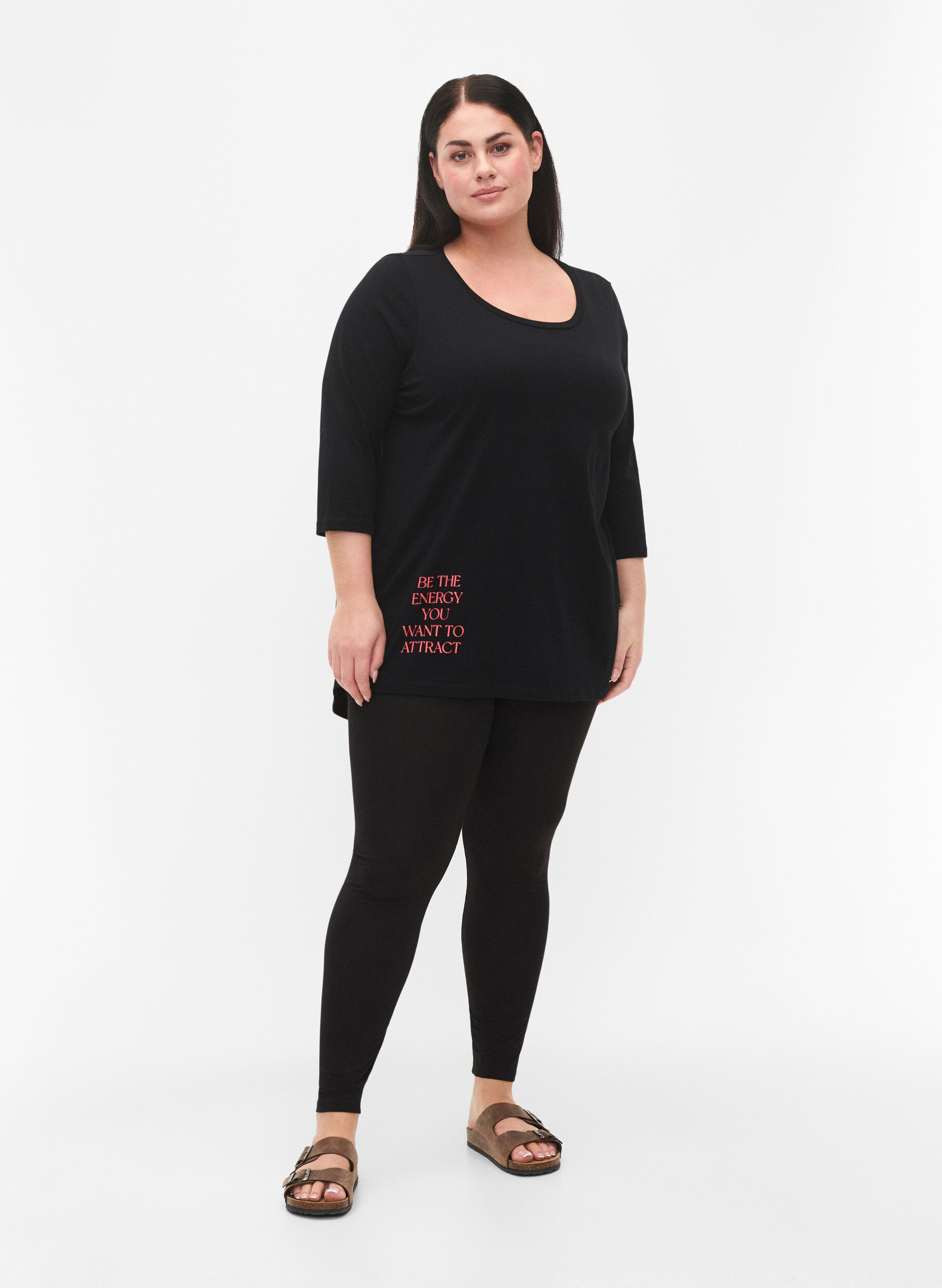 ZizziKatoenen t-shirt met 3/4 mouwen, Black, Model image number 2