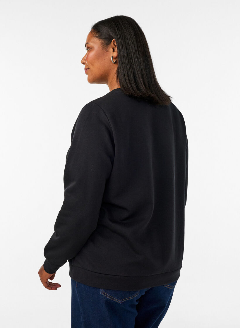Sweatshirt met rozenprint en strassteentjes, Zwart, Model image number 2