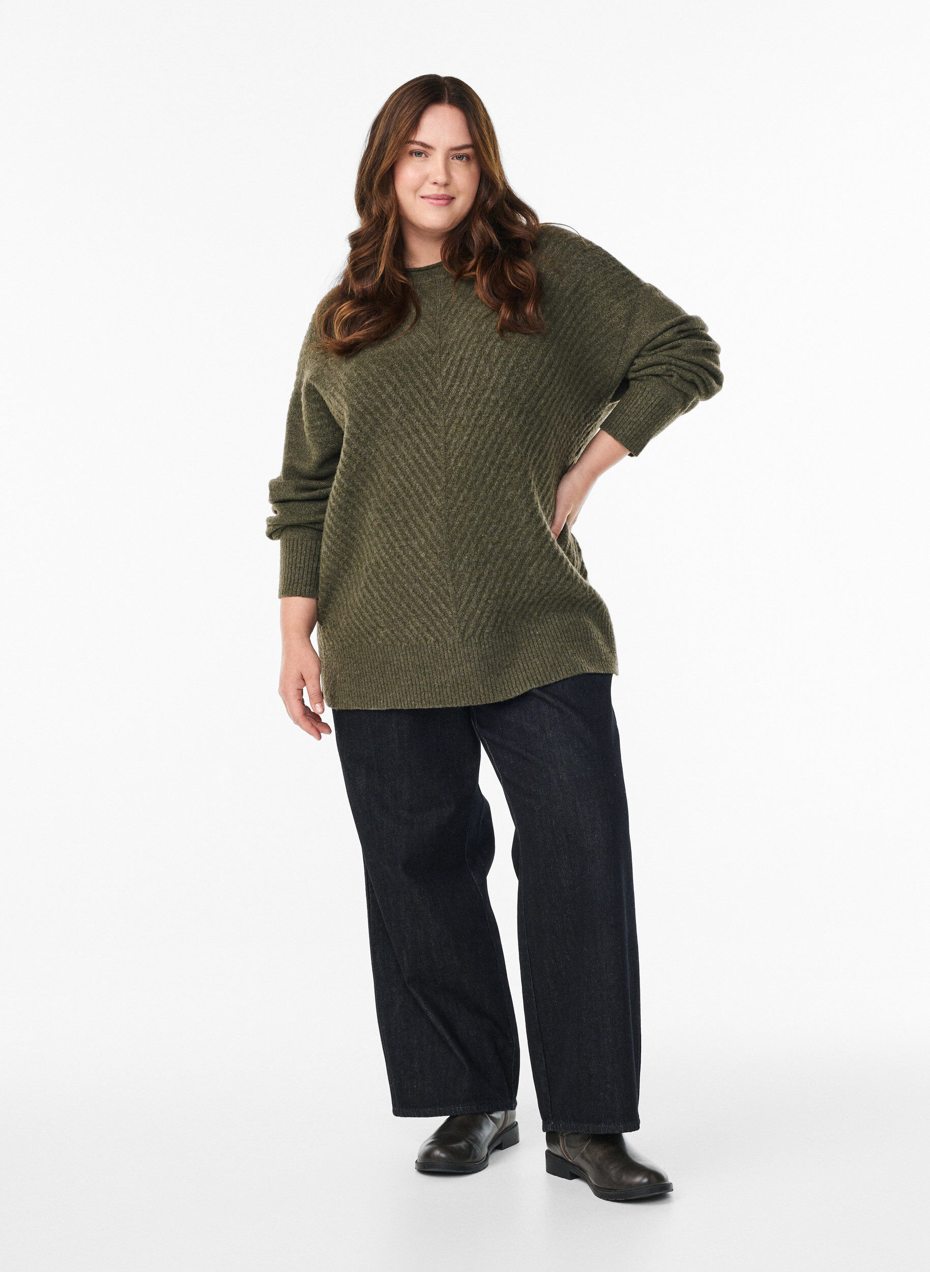ZizziGebreide blouse met V-vormig geribd patroon en zijsplitjes, Groen, Model image number 1