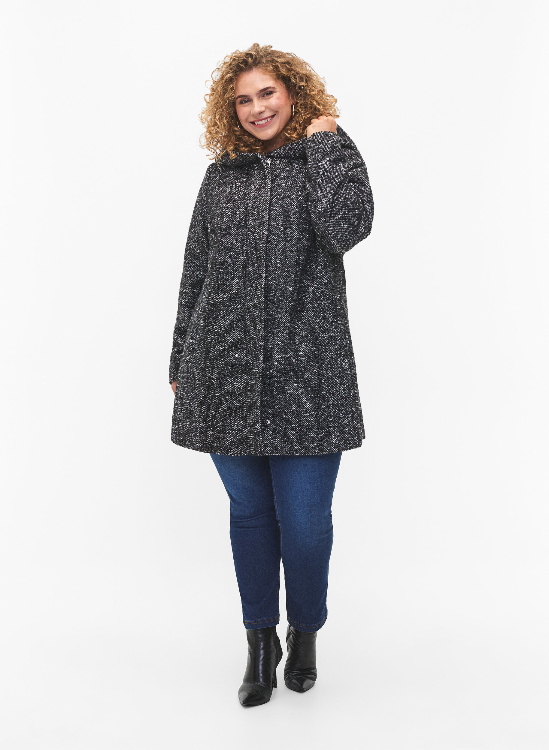 ZizziBoucl&eacute; jas met wol, Black Mel., Model image number 2