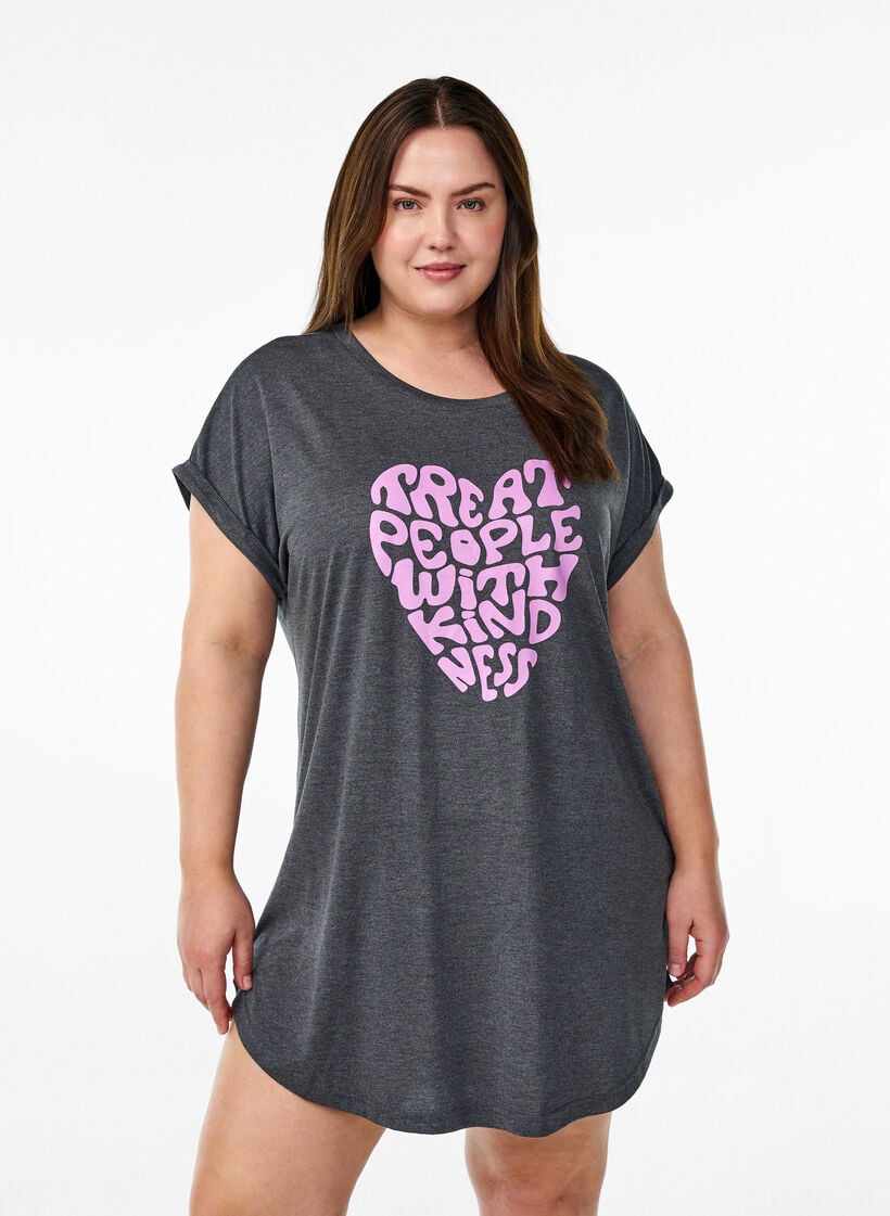 Nachtjapon met korte mouwen en tekstopdruk, Zwart, Model image number 0