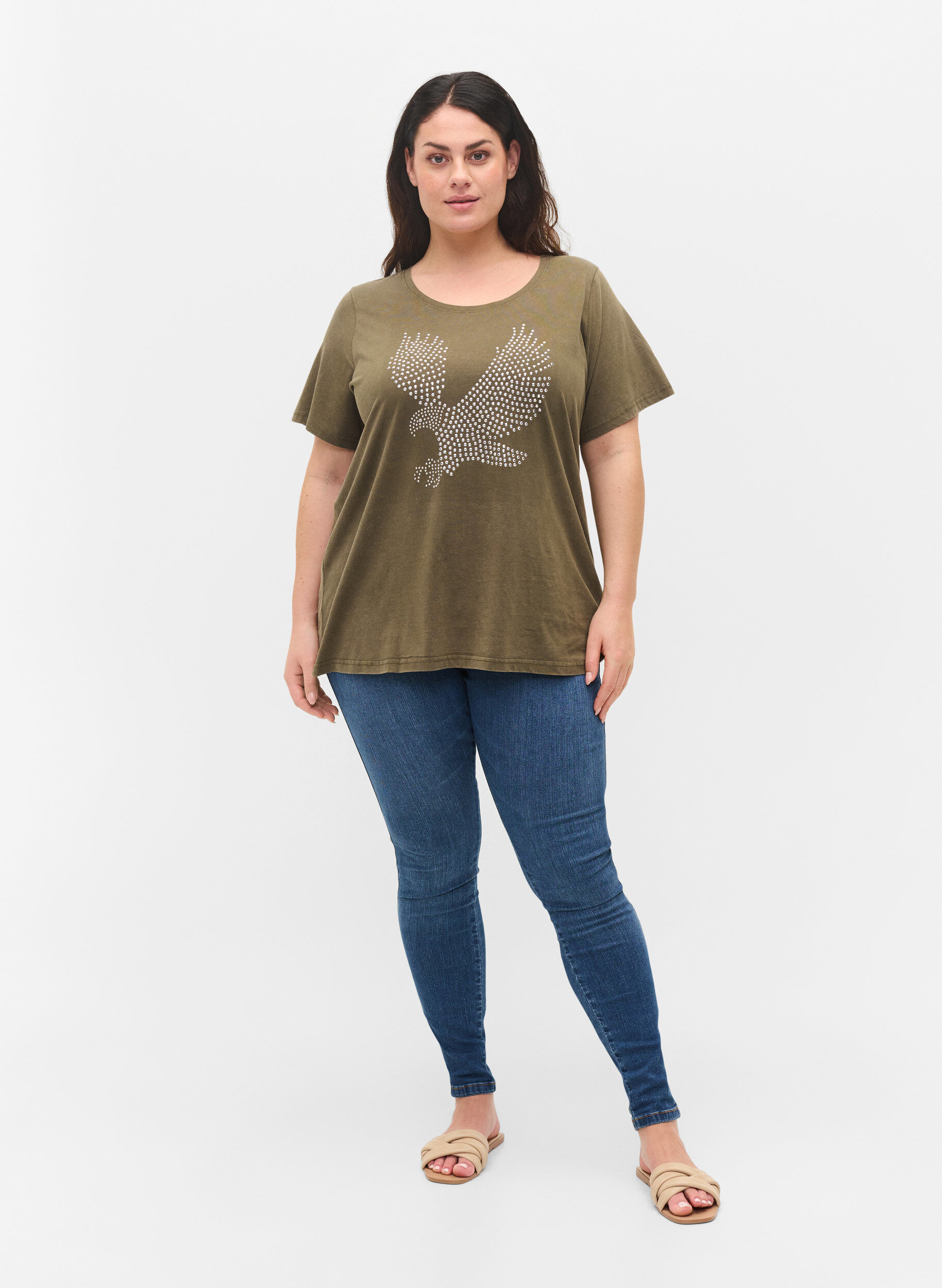 Zizzi T-shirt en coton d&eacute;lav&eacute; &agrave; l'acide et aux pierres, Ivy Green Wash, Model image number 2