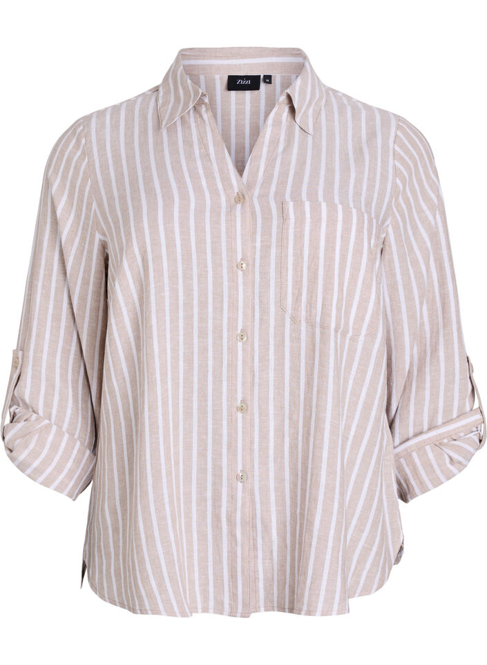 Linnen en viscose shirt met 3/4 mouwen, Beige, Packshot image number 0