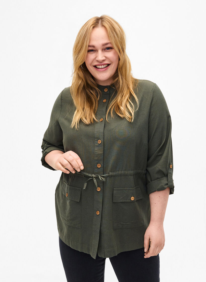 Chemise en mélange de lin avec des poches, Thyme, Model image number 0