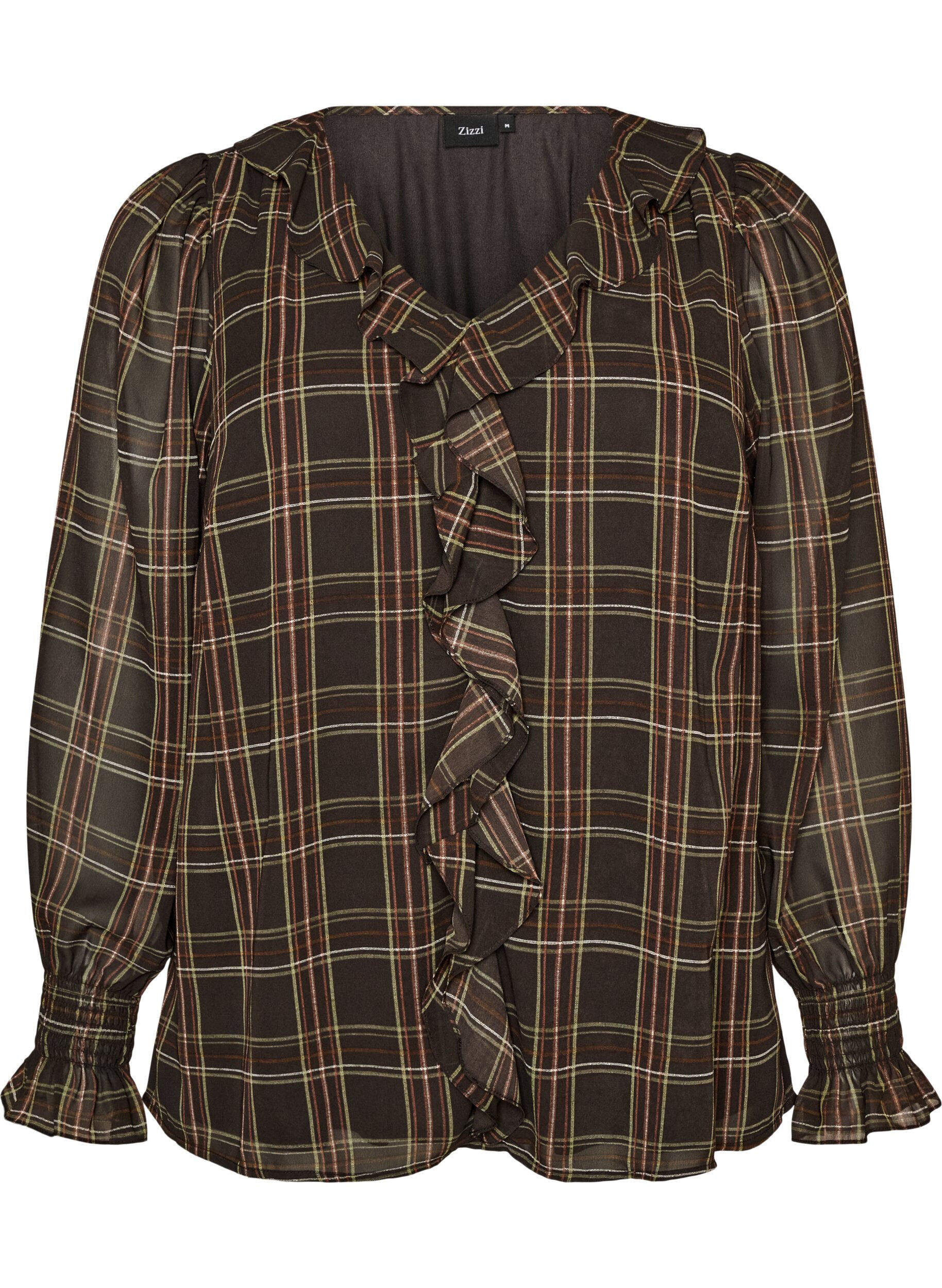 ZizziBlouse met ruit en ruches details, Groen, Packshot image number 0