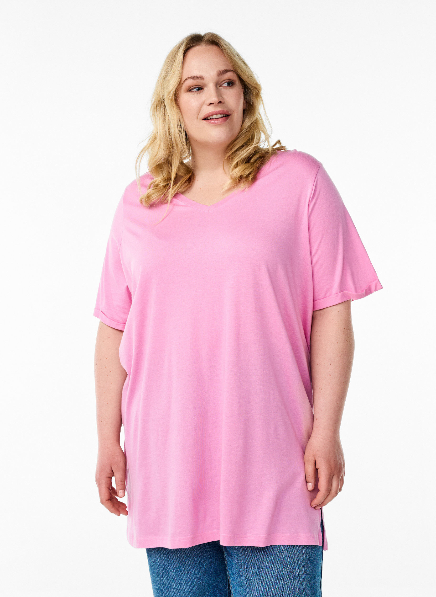 ZizziEnkelkleurig oversized T-shirt met V-hals, Roze, Model image number 0