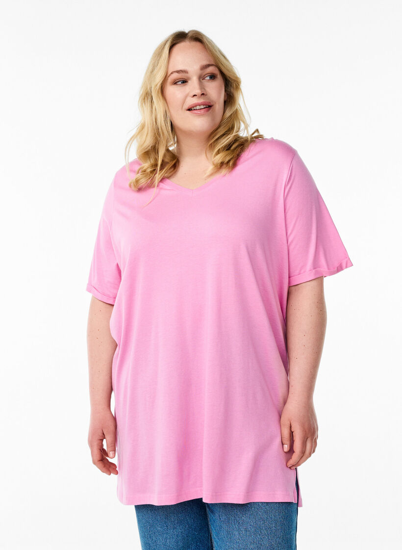 Enkelkleurig oversized T-shirt met V-hals, Roze, Model image number 0
