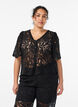 Kanten blouse met korte mouwen en V-hals, Zwart, Model image number 0
