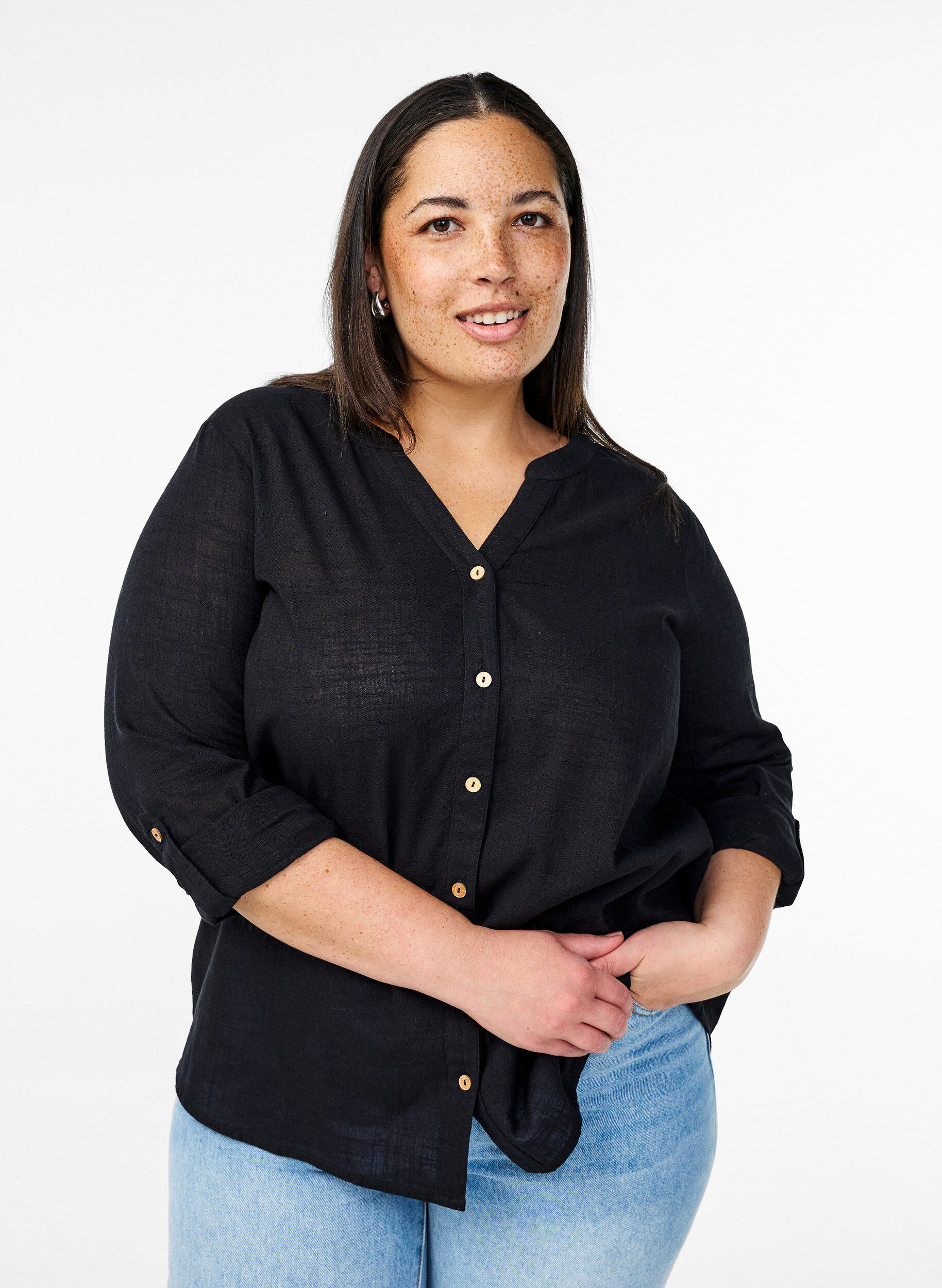 ZizziKatoenen blouse met een V-hals, Zwart, Model image number 0