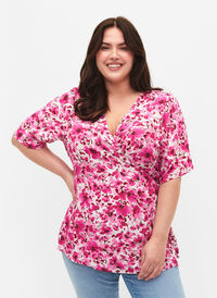 Viscose blouse met wikkel, Pink Flower Rain, Model