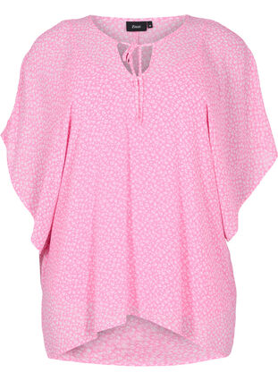 Bedrukte blouse met strikkoord en korte mouwen, Pink Ditzy Flower, Packshot image number 0