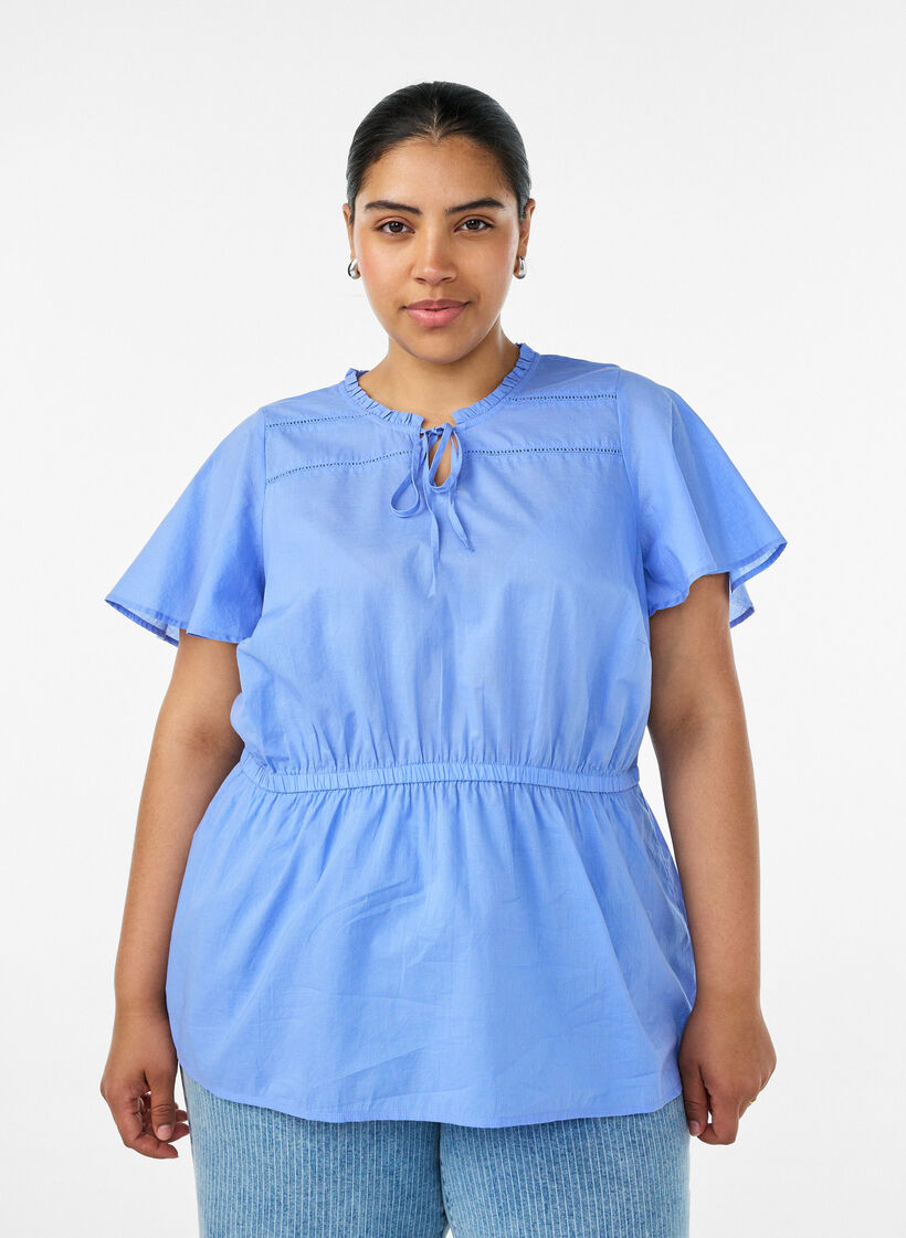 Blouse en coton avec lien &agrave; nouer et taille &eacute;lastiqu&eacute;e, Bleu, Model image number 0