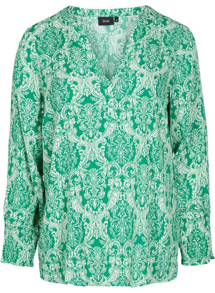 Bedrukte viscose top met smok, Jolly Green Oriental, Packshot image number 0