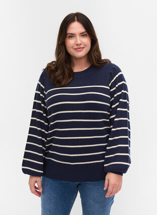 Pull en tricot rayé à manches bouffantes, Navy Blazer W/Stripe, Model image number 0
