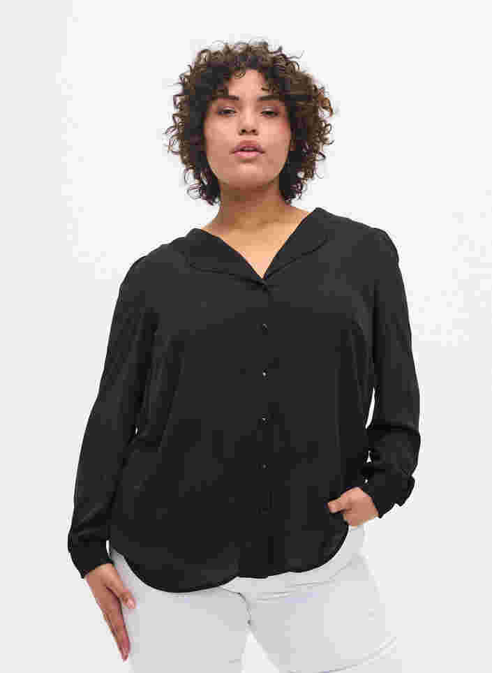 Chemise à col en V avec smock, Black, Model image number 0