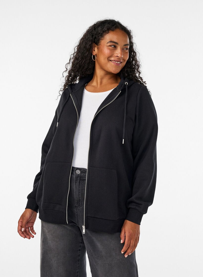 Sweat &agrave; capuche zipp&eacute; avec poches, Noir, Model image number 0