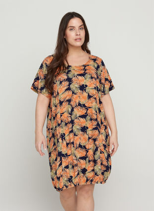 Viscose jurk met print en korte mouwen , Orange Leaf, Model image number 0