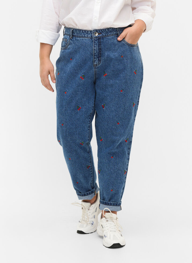 Jeans Mille coupe Mom avec broderies, Bleu Clair, Model image number 2