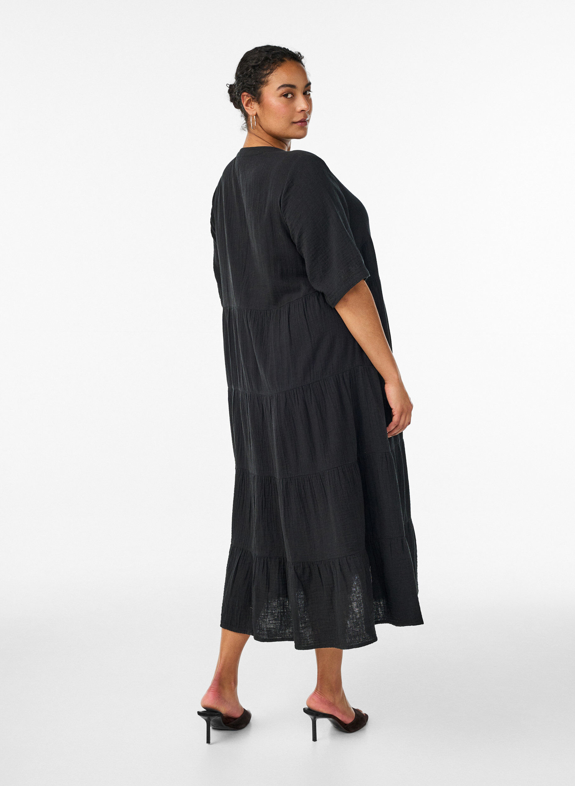 ZizziRobe midi coupe &eacute;vas&eacute;e en mousseline de coton, Noir, Model image number 2