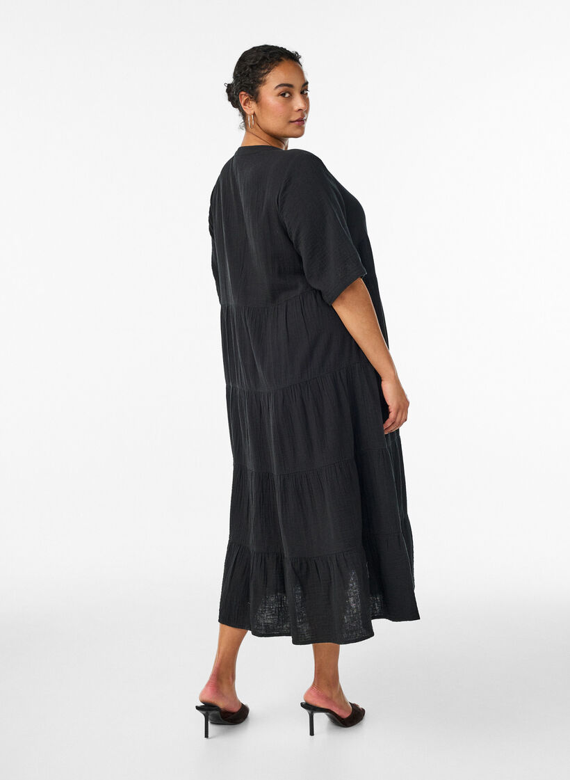 Robe midi coupe &eacute;vas&eacute;e en mousseline de coton, Noir, Model image number 2