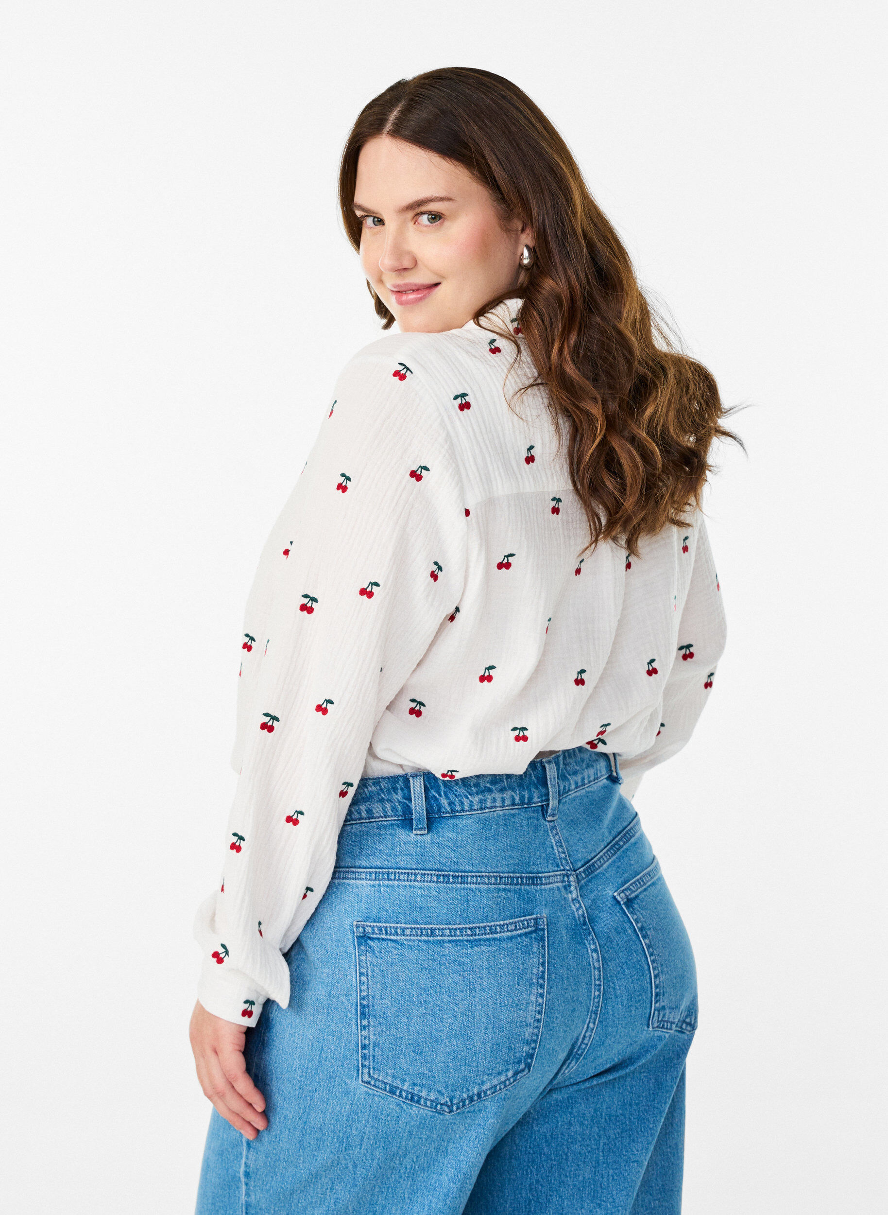 ZizziBlouse van katoen mousseline met lange mouwen en geborduurde motieven, Vanille, Model image number 2