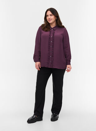 Viscose blouse met knoopsluiting en lintdetails, Plum Perfect, Model image number 2