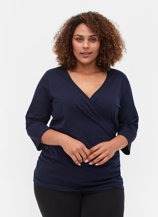 Katoenen blouse met 3/4 mouwen en wikkel, Night Sky, Model image number 0