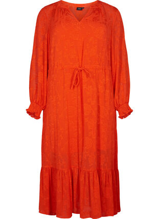 Midi jurk in jacquard look en lange mouw, Orange.com, Packshot image number 0
