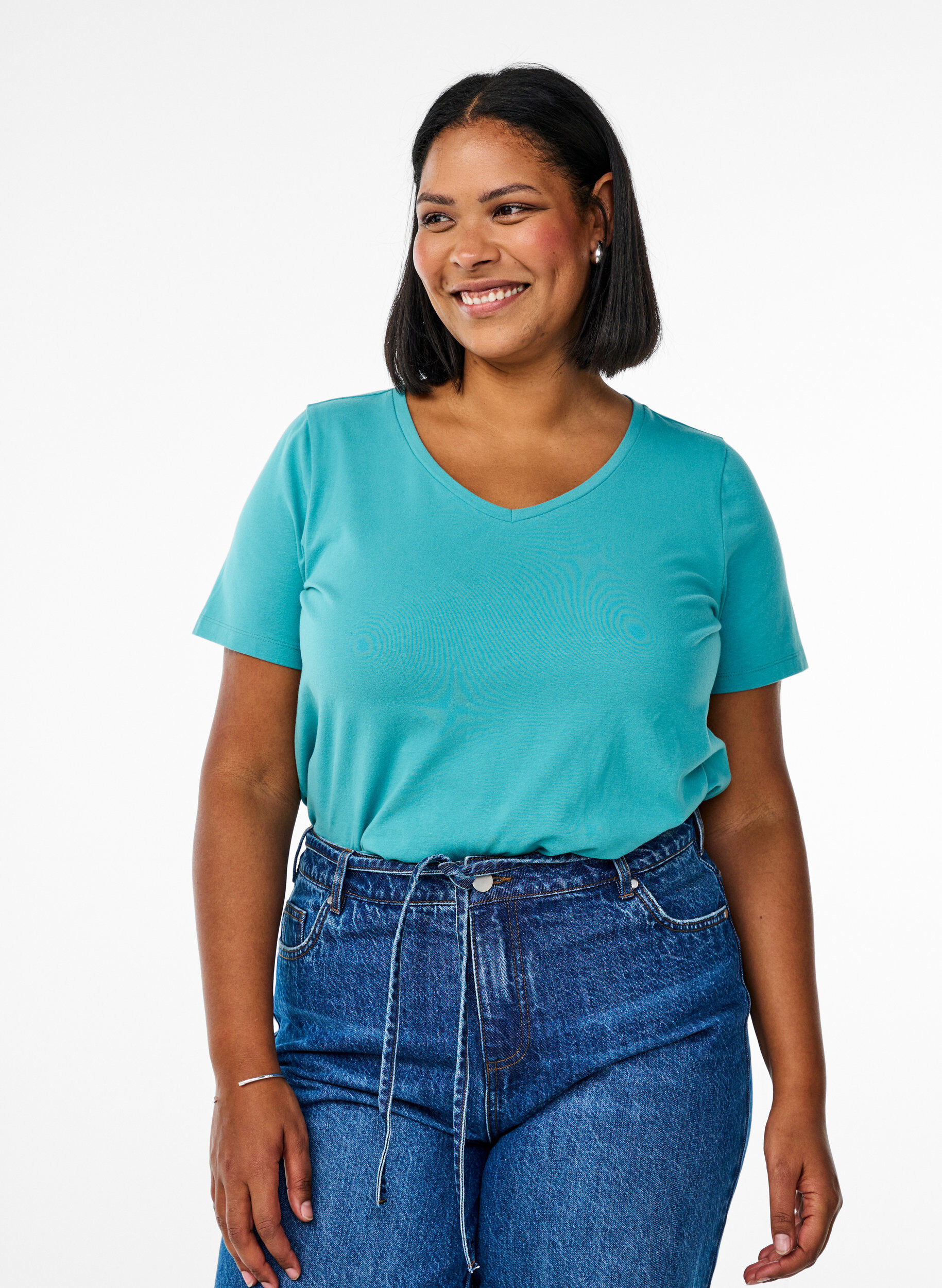 T-shirt basique en coton de couleur unie, Bleu, Model