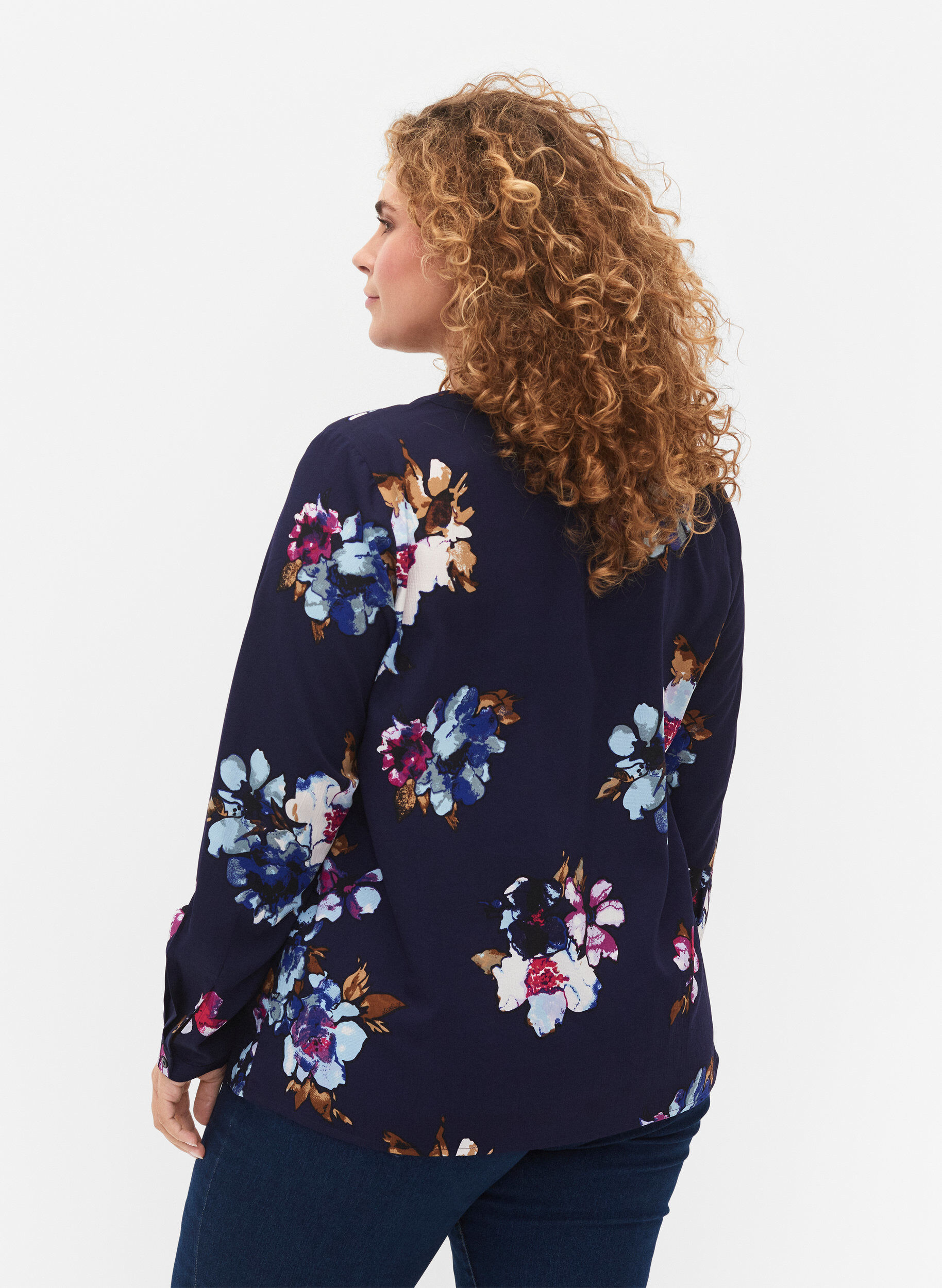 ZizziFLASH - Blouse met lange mouwen en print, Big Blue Flower, Model image number 1