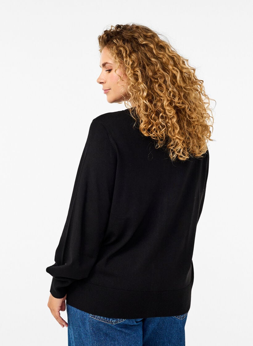 Cardigan en tricot avec col rond et boutons, Noir, Model image number 2