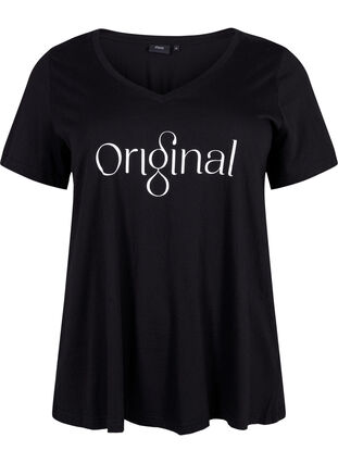 T-shirt en coton avec impression de texte et col en V, Black ORI, Packshot image number 0
